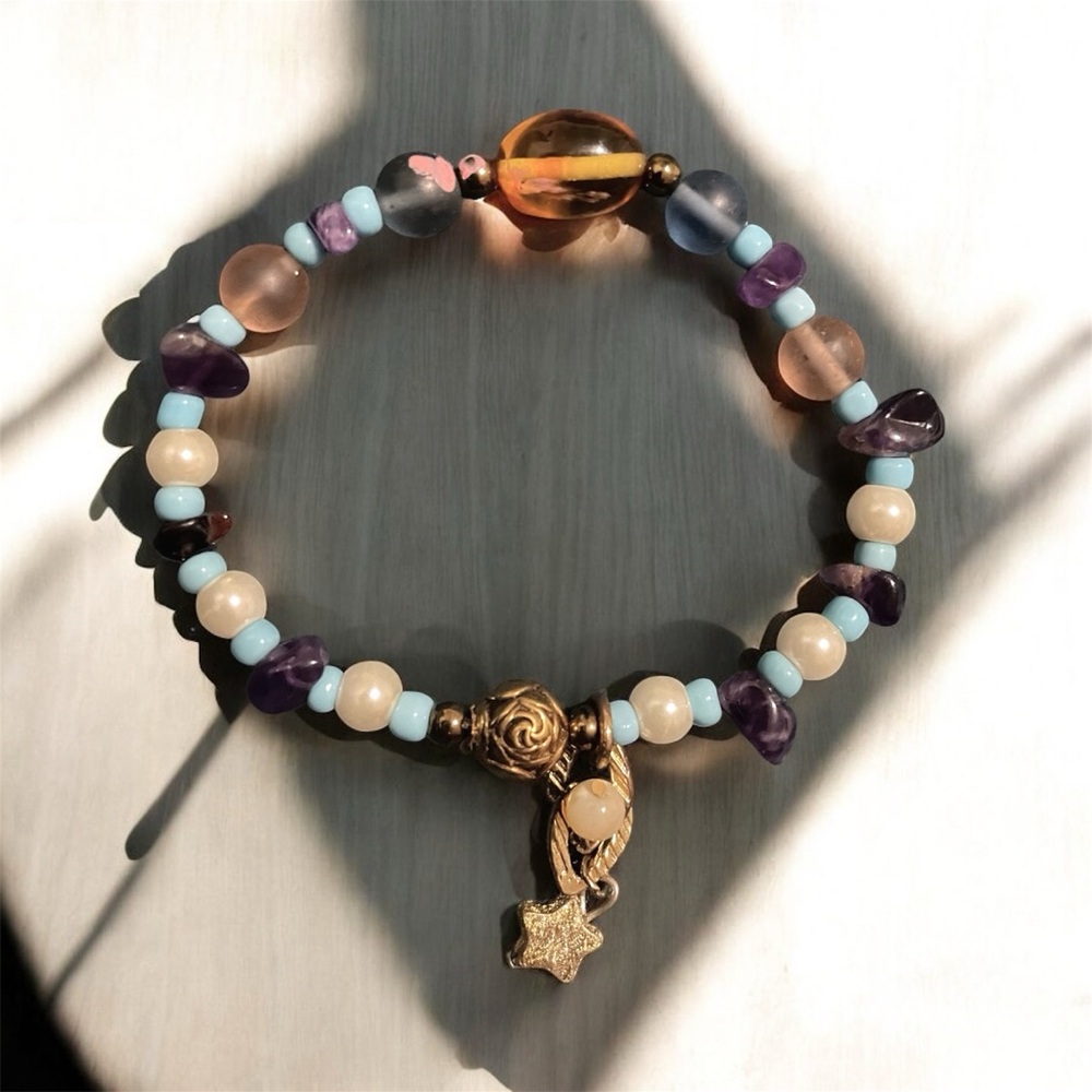 Vintage Amethyst and Faux Pearl Beaded Bracelet with Gold Accents